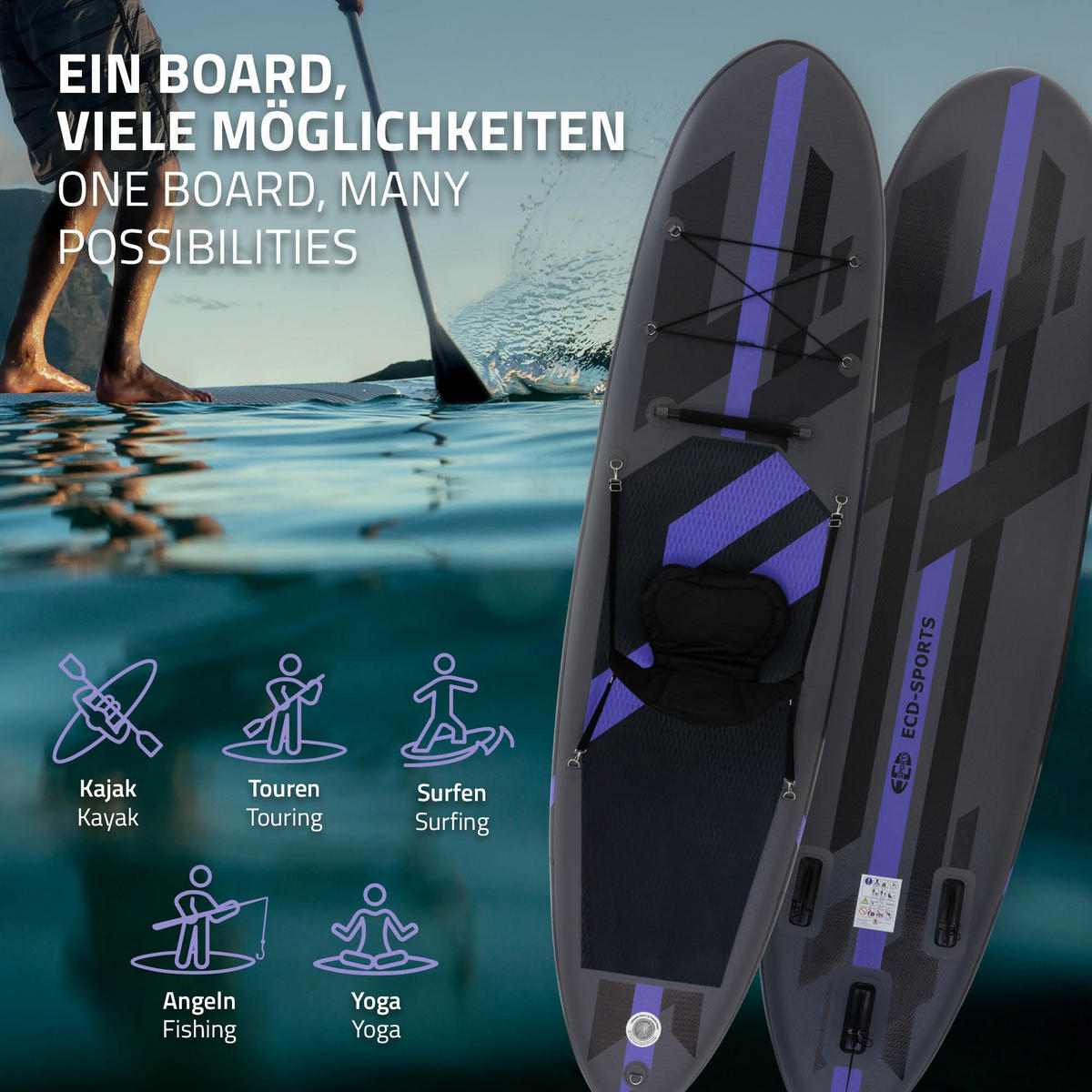 STAND UP PADDLE BOARD Kajak Schwarz - Schwarz, Kunststoff (320/82/15cm) - ECD-Germany