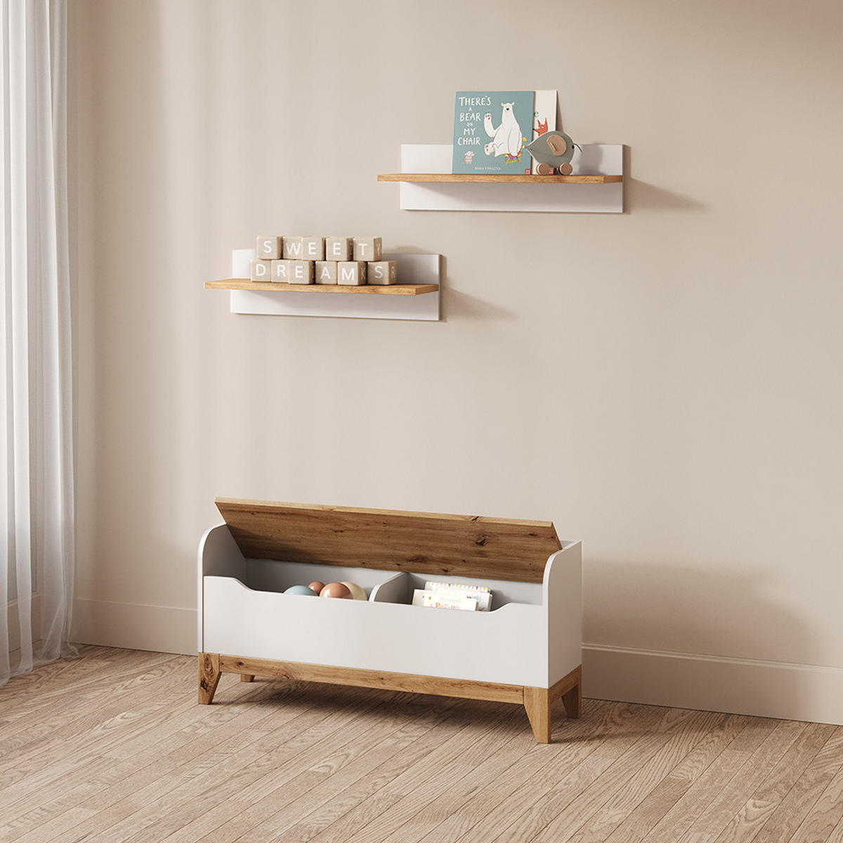 SPIELZEUGTRUHE Mailo Weiß/Artisan 107.2 x 50 cm mit Sitzbank - Weiß/Eiche Artisan, Holzwerkstoff (107.2/30cm) - Livinity®