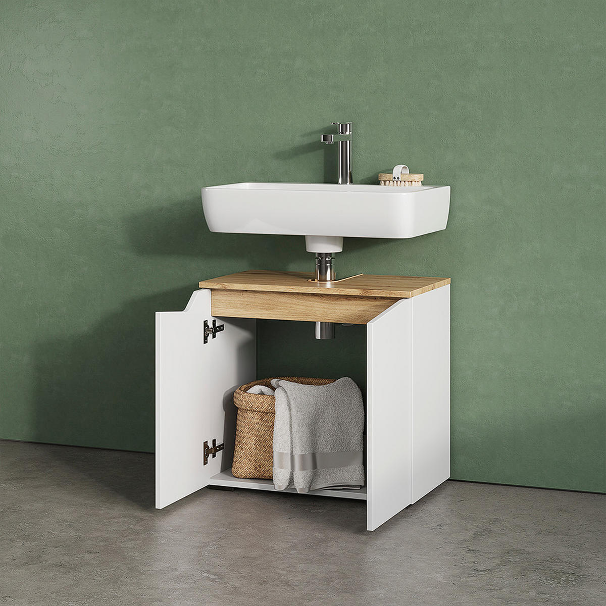 WASCHBECKENUNTERSCHRANK Timavo Weiß 60 x 57.5 cm mit 2 Türen - Weiß/Eiche Artisan, Holzwerkstoff (60/57.5/35cm) - Livinity®