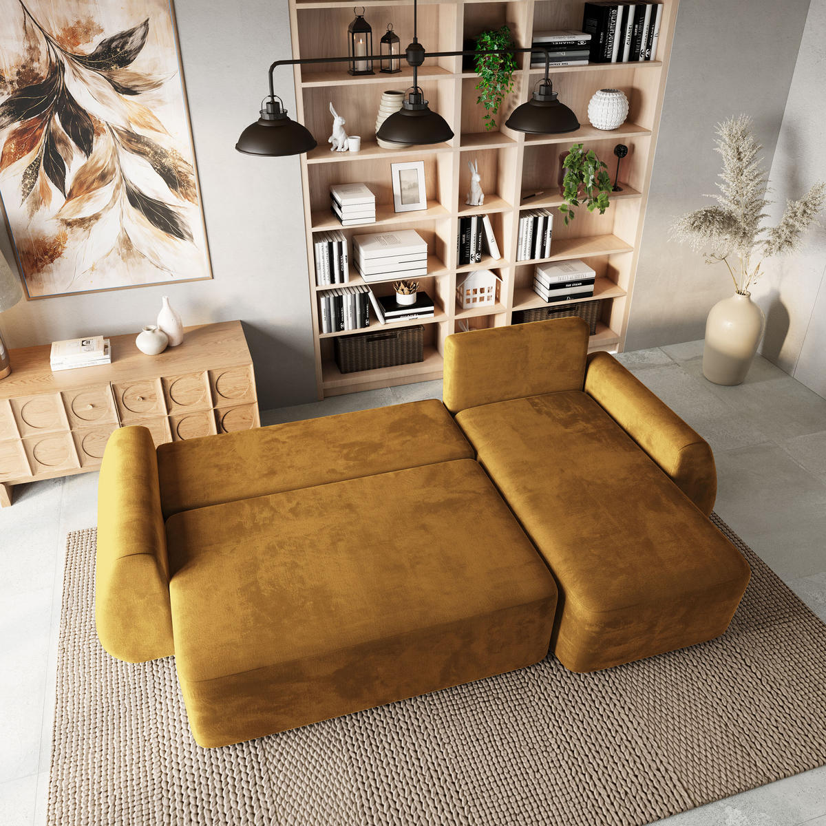 ECKSOFA GALVIS Gelb Velours-Stoff mit Schlaffunktion - Gelb, Holz (256/156cm) - MASSENO