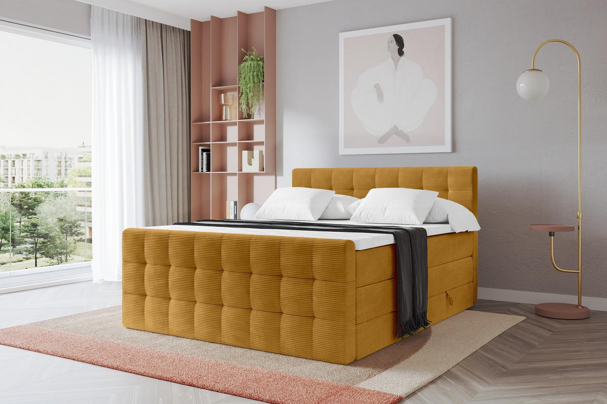 BOXSPRINGOVÁ POSTEL s matrací H3/H4 - IGAN-Z KING - 160x200 cm Hořčicová - kari žlutá, kompozitní dřevo (163/200cm) - ALTDECOR