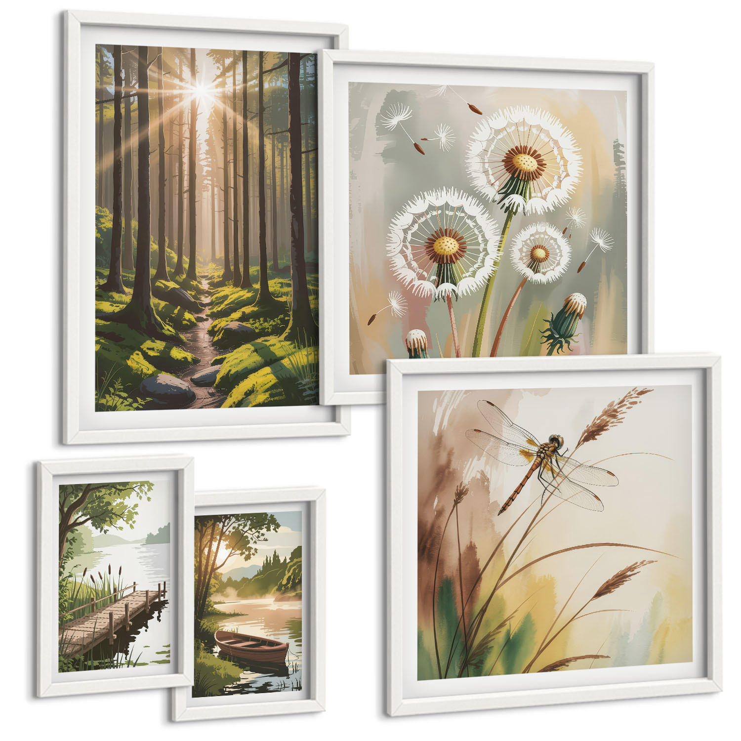 BILDER SET 5er Set - 50x50 cm & 20x30 cm & 40x60 cm Weißer Rahmen - See, Wald, Boot, Morgennebel - Weiß, Kunststoff (40/60cm) - TULUP