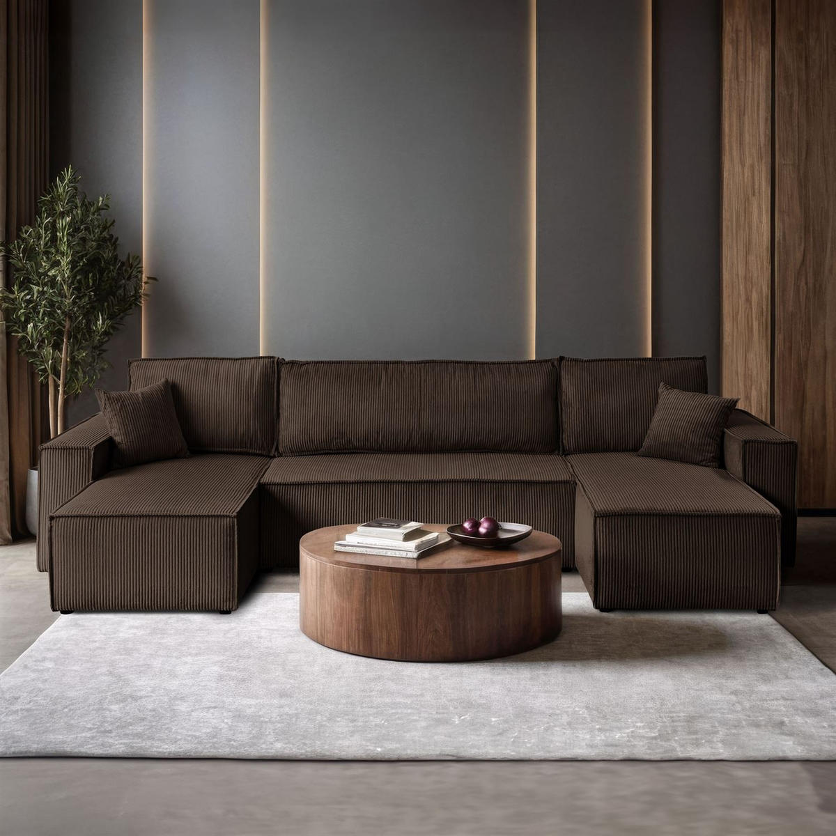WOHNLANDSCHAFT Gepolstertes CARLO U Cord mit Schlaffunktion und Bettkasten, Poso 06 - Braun, Textil (315/83/143cm) - Lookway