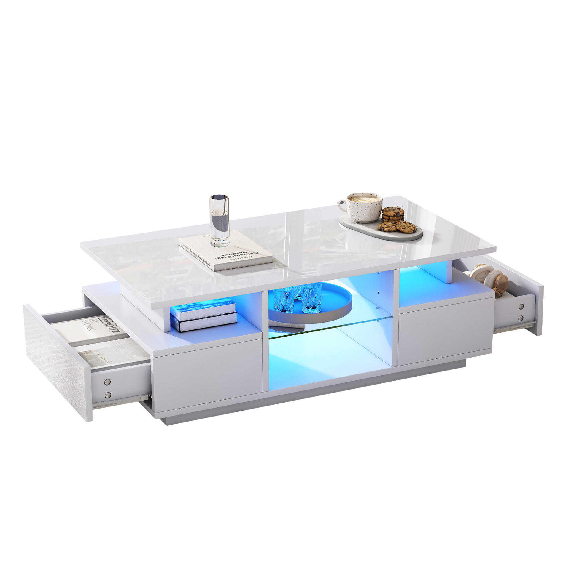 COUCHTISCH 100/50/36 cm mit 2 Schubladen, Glasablagen und LED-Beleuchtung in Hochglanz, Weiß - Weiß, Holzwerkstoff (100/50/36cm) - Redom
