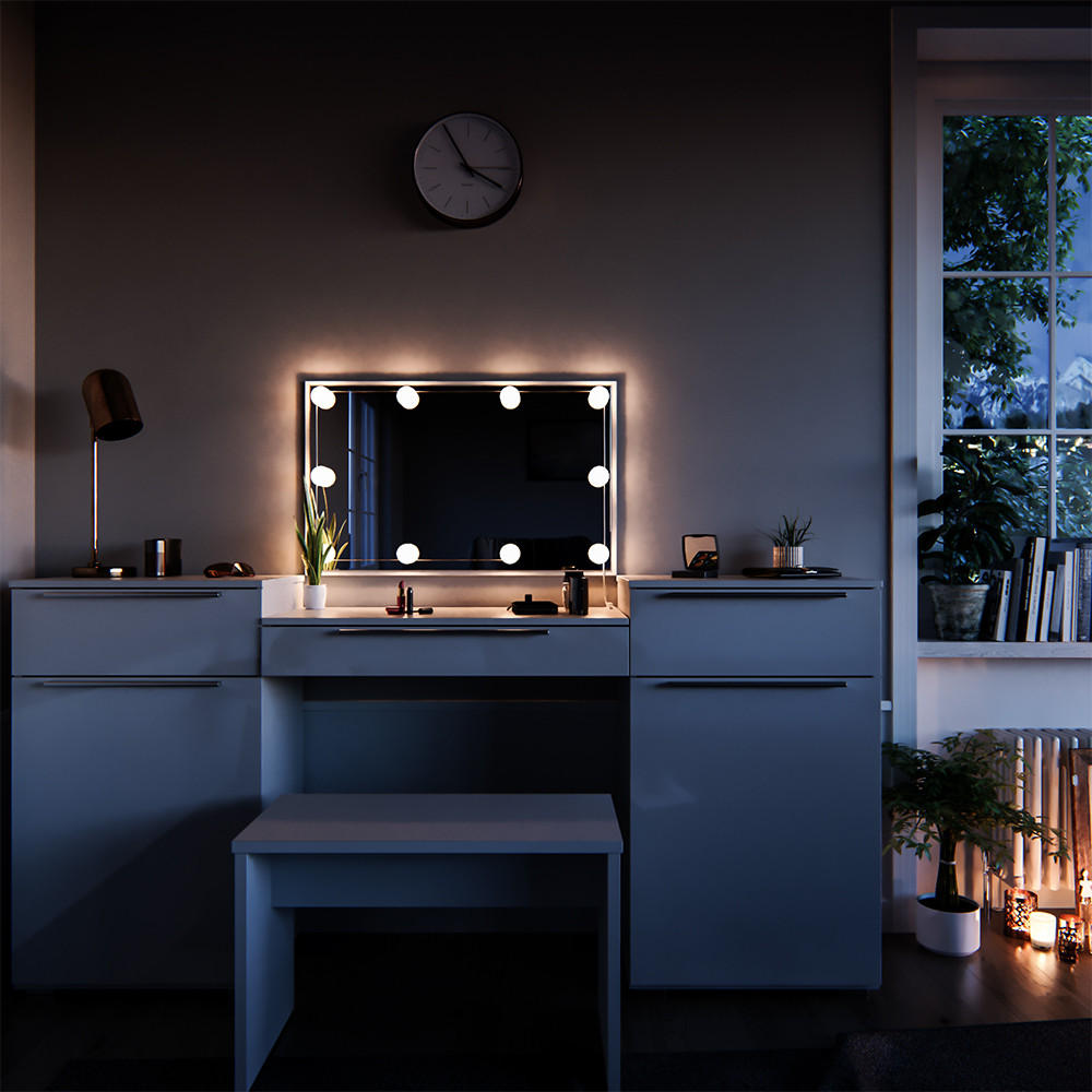 SCHMINKTISCH Lilli Weiß 190 cm mit Bank - Weiß, Holzwerkstoff (190/90/39cm) - Vicco