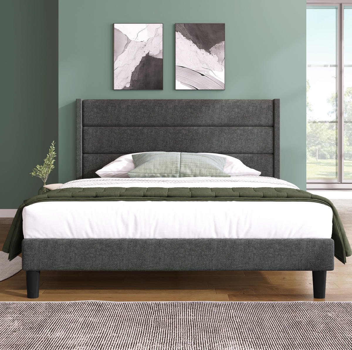 POLSTERBETT aus Leinen 140x200 cm Dunkelgrau mit Lattenrost, Kopfteil und 7-Zonen-Taschenfederkernmatratze - Dunkelgrau, Textil (140/200cm) - IVMEU