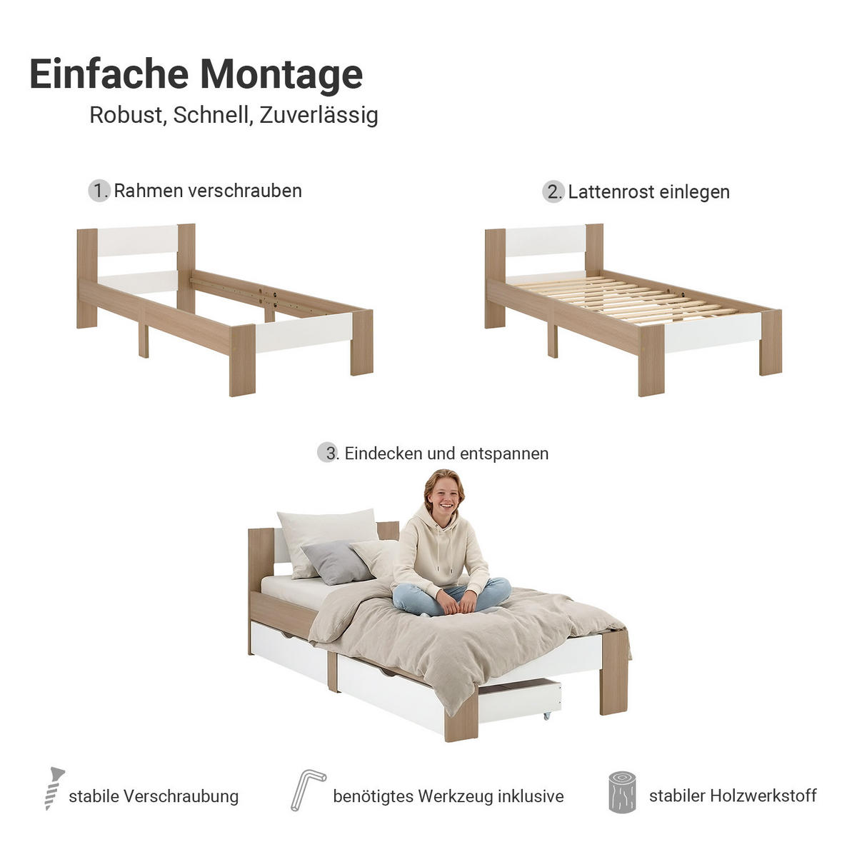 HOLZBETT Braun Weiß 90/200 cm mit Federkernmatratze und 2 Bettkästen - Braun, Holz (90/200cm) - Homestyle4u