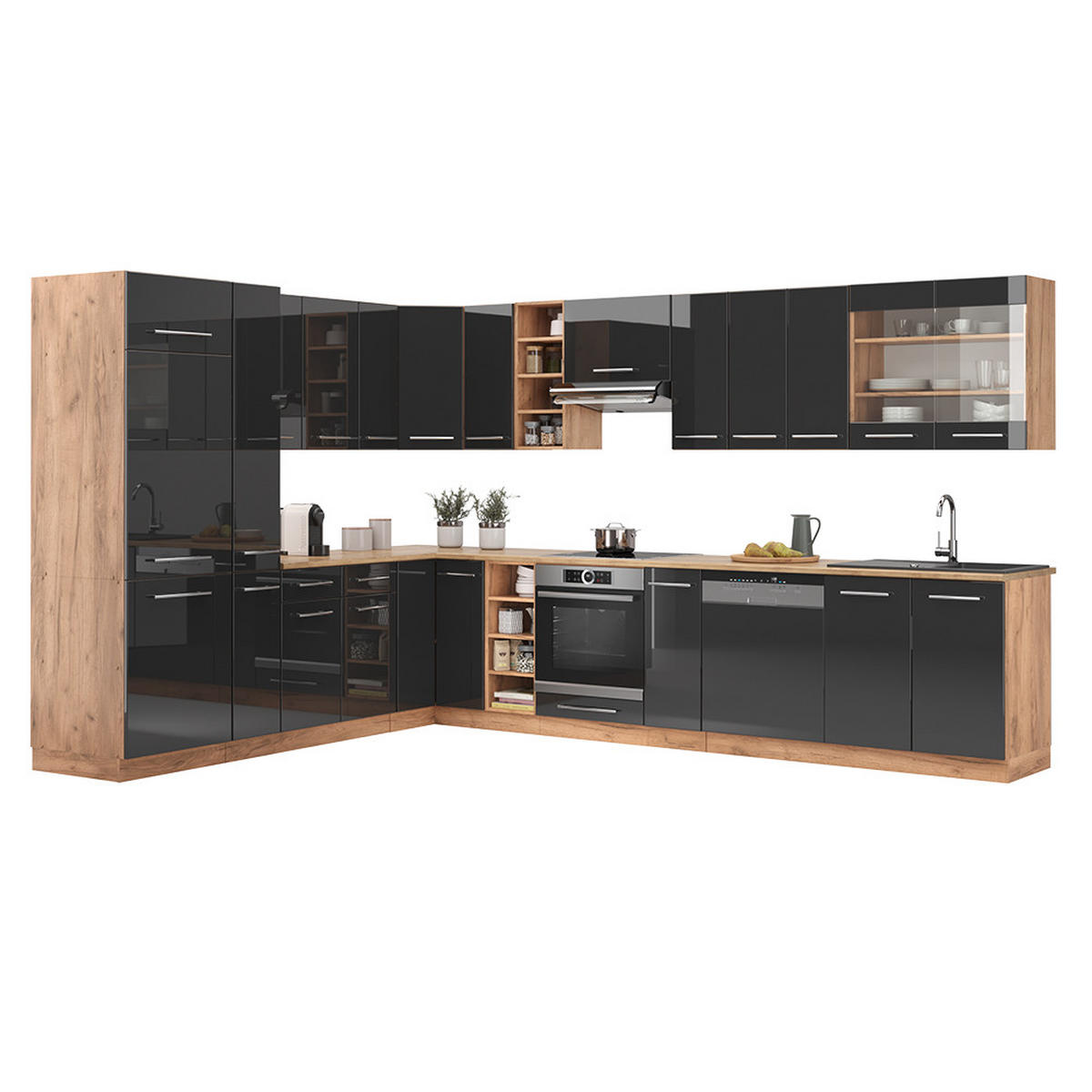 ECKKÜCHE Fame-Line Anthrazit Hochglanz/Goldkraft Eiche 347 x 257 cm ohne AP - Honigeiche/Anthrazit, Holzwerkstoff (347/81.6/46cm) - Vicco