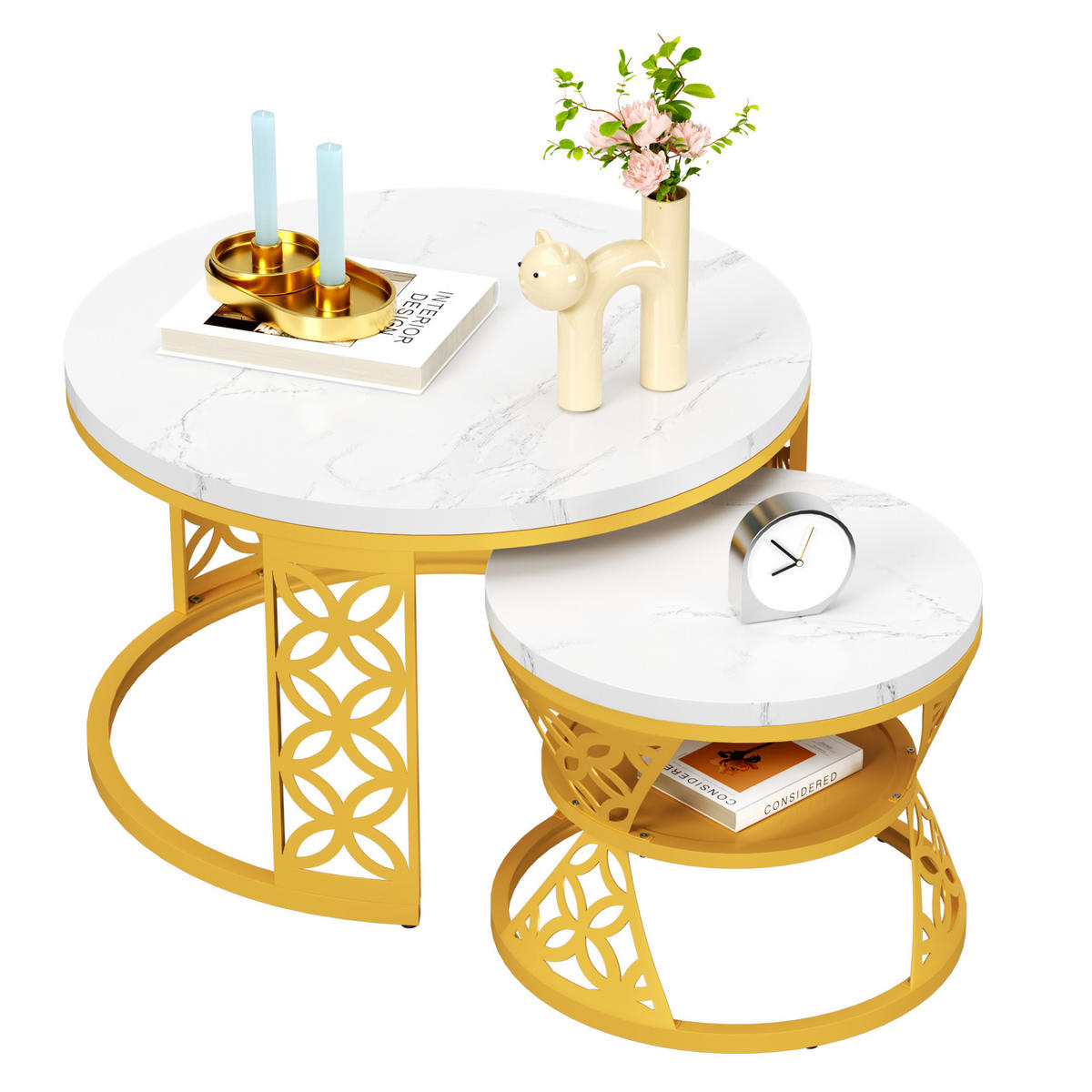 COUCHTISCH Moderner Nesting Satztisch 70/70/45 cm + 45/45/37 cm Kontrastfarbendesign - Weiß, Holzwerkstoff (70/70/45cm) - OKWISH