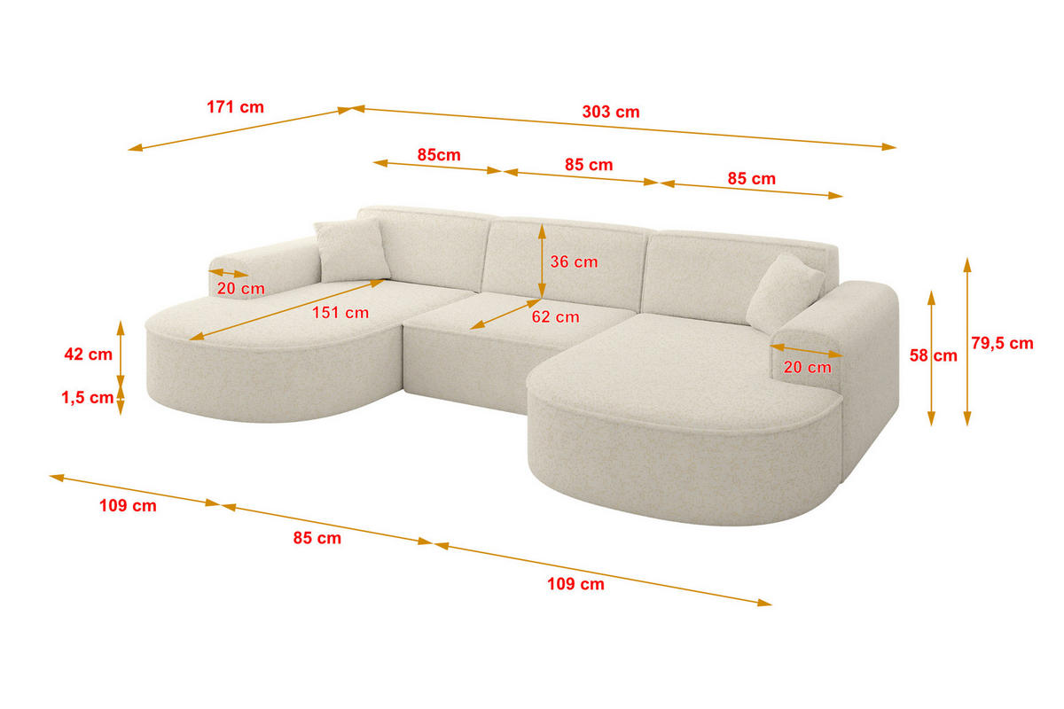 WOHNLANDSCHAFT MARI-U1 - 303x171x79 cm Creme Tissu - Creme/Schwarz, Holzwerkstoff/Kunststoff (303/79/171cm) - ALTDECOR