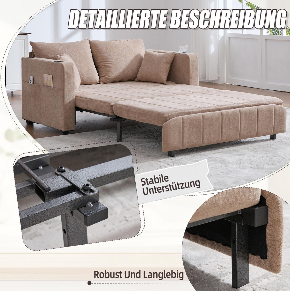 SCHLAFSOFA 139/83/58 cm mit Schlaffunktion, USB-Anschluss, Getränkehaltern und Armlehnentaschen, Chenille, Khaki - Beige, Textil (139/83/73cm) - Redom