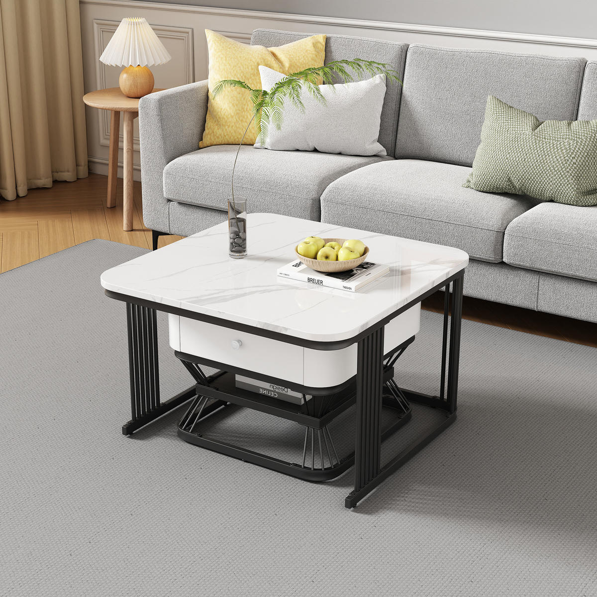 COUCHTISCH Set 70/70/45 cm und 50/50/40 cm Weiß + Schwarz mit 1 Schublade aus MDF und Metall - Weiß, Glas (70/70/45cm) - OKWISH