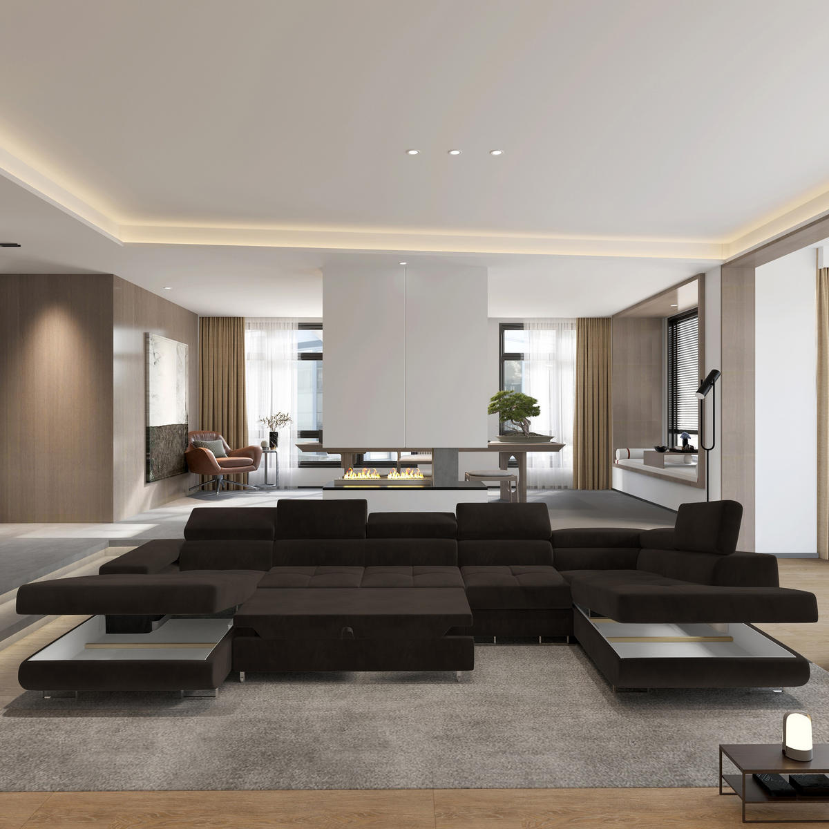 WOHNLANDSCHAFT VELORA R-S Braun Velours-Stoff mit Schlaffunktion - Braun, Holz (419/90/202cm) - MASSENO