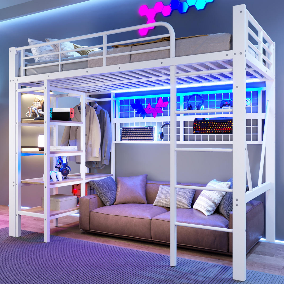 HOCHBETT 90/200 cm weiß aus Metall und MDF mit LED-Stimmungslicht und Kleiderstange - Weiß, Metall (90/200cm) - OKWISH