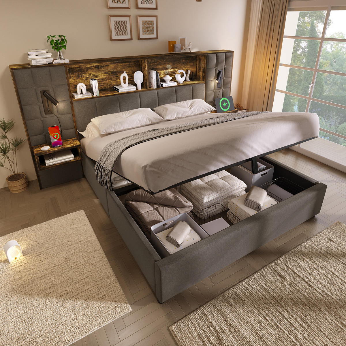 POLSTERBETT 160/200 cm in Grau mit Stauraum, LED, Leselampen, Nachttischen und USB/Type-C - Grau, Holzwerkstoff/Textil (160/200cm) - WISHDOR