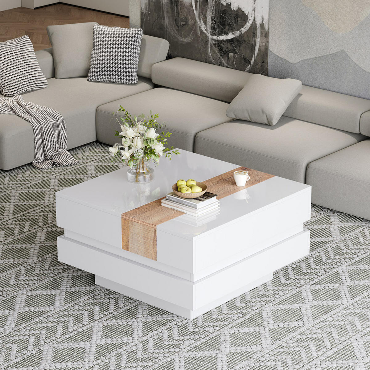 COUCHTISCH 70x70cm Weiß Hochglanz Ausziehbar Quadratisch Stauraum Trennwand - Weiß, Holz (83.82/80.01/15.24cm) - FLIEKS