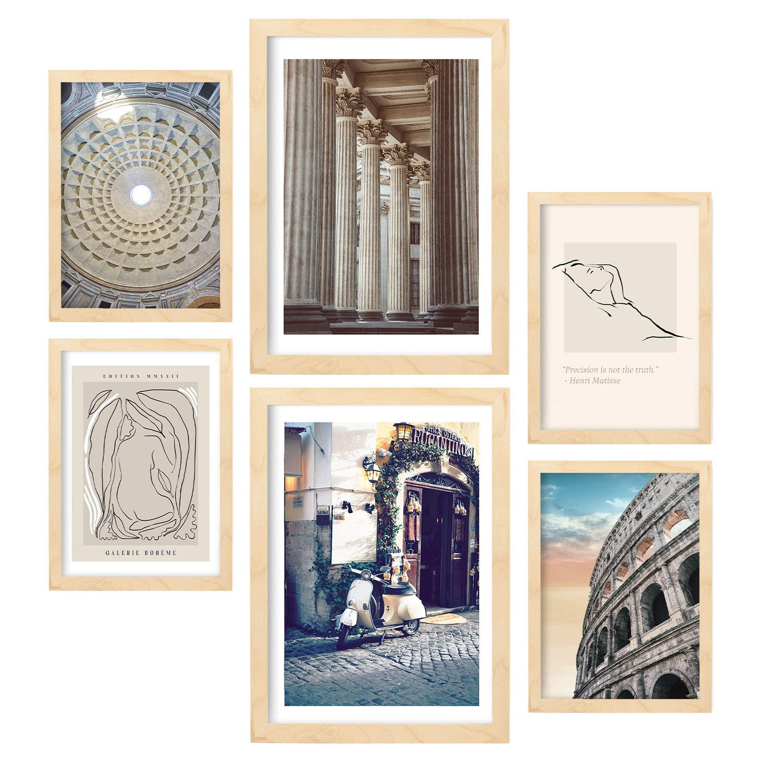 POSTER Set Mit 6 Vintage Rom A3 & A4 Rahmen Aus Hellem Holz - Beige, Papier (29/3cm) - Nacnic