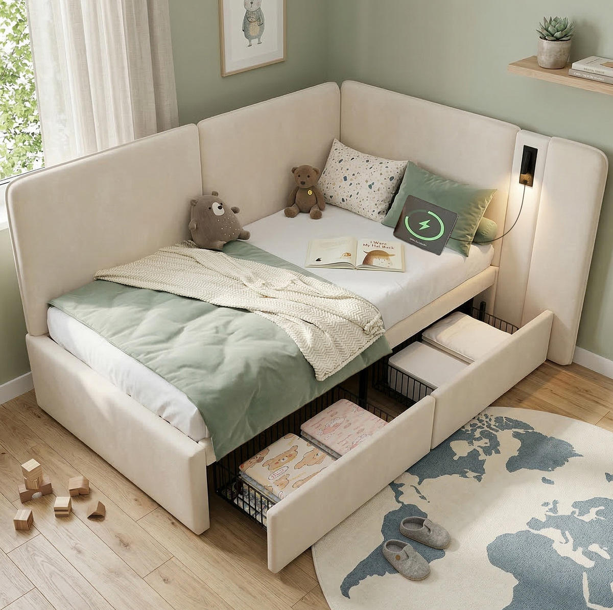 KINDERBETT Polsterbett 90/200 cm aus Samt mit USB-/Typ-C-Anschluss, Leselampe und 2 Schubladen Beige - Beige, Textil (90/200cm) - Modenvie