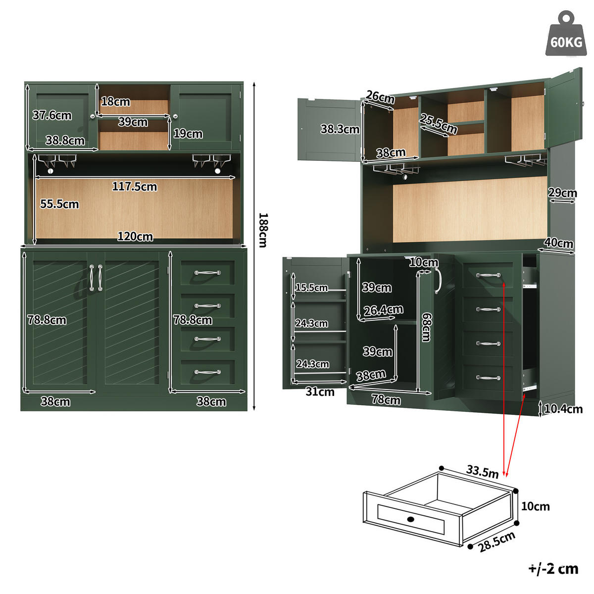 BUFFETSCHRANK 120/40/188 cm grün aus MDF mit LED-Beleuchtung - Grün, Holzwerkstoff (120/188/40cm) - OKWISH