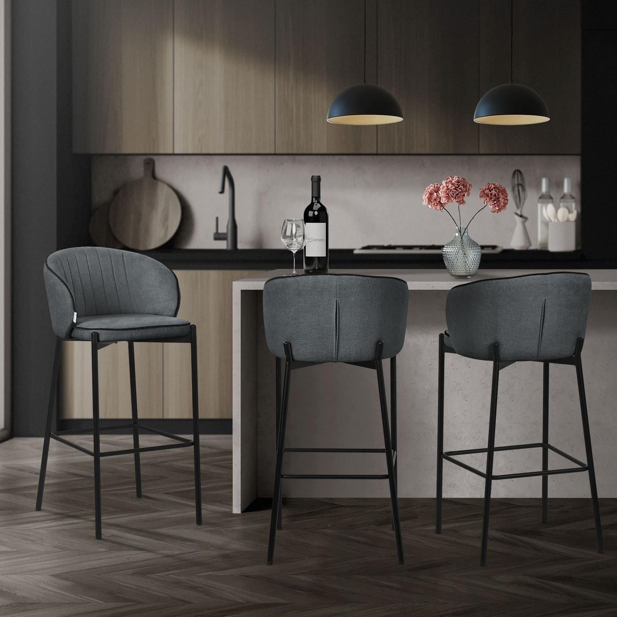 BARHOCKER 2er Set Anthrazit mit Stoffbezug - Anthrazit/Schwarz, Textil/Metall (50/101/54cm) - ML-DESIGN