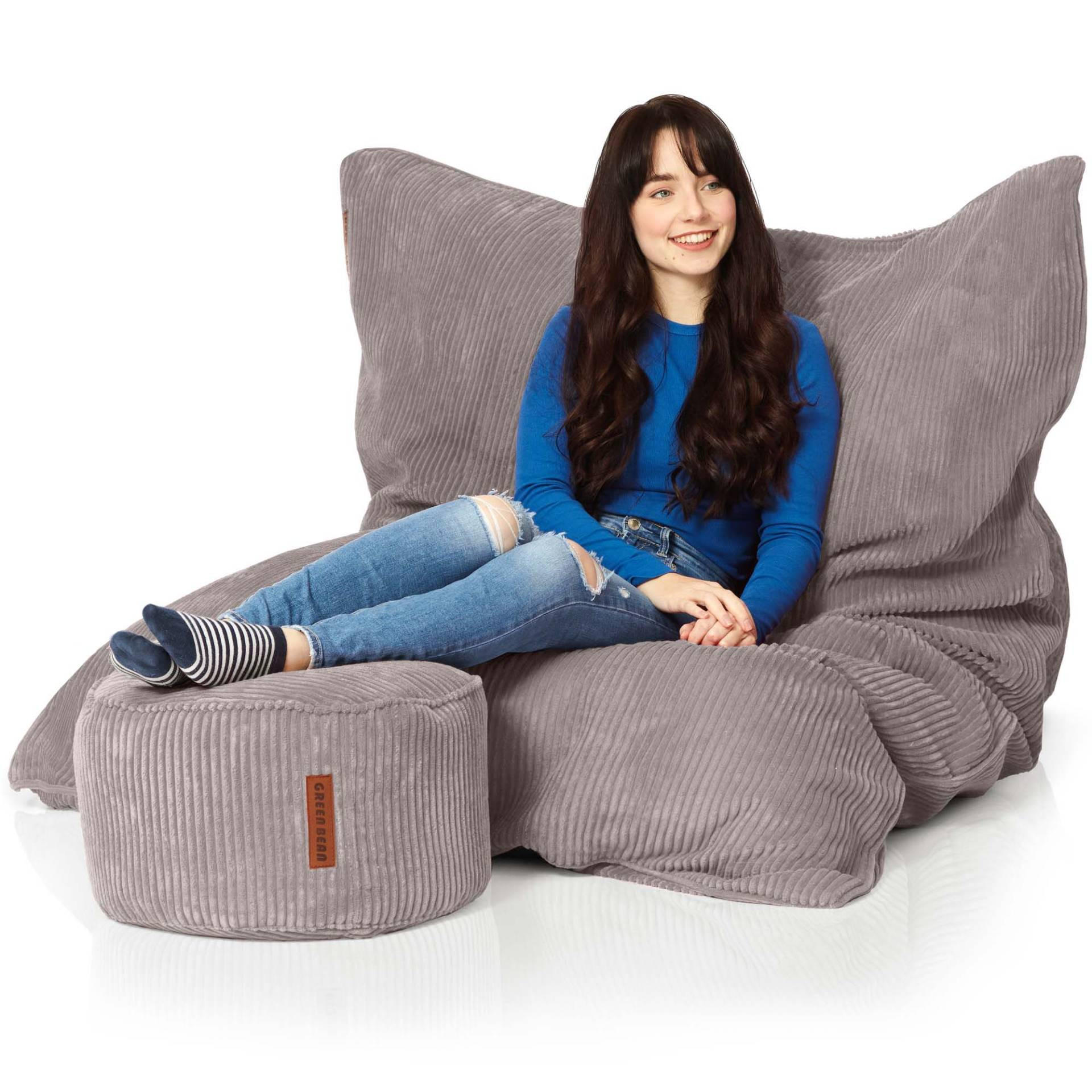 SITZSACK XXL "Square" + Pouf aus Cord - Grau, Textil (140/25/180cm) - Green Bean