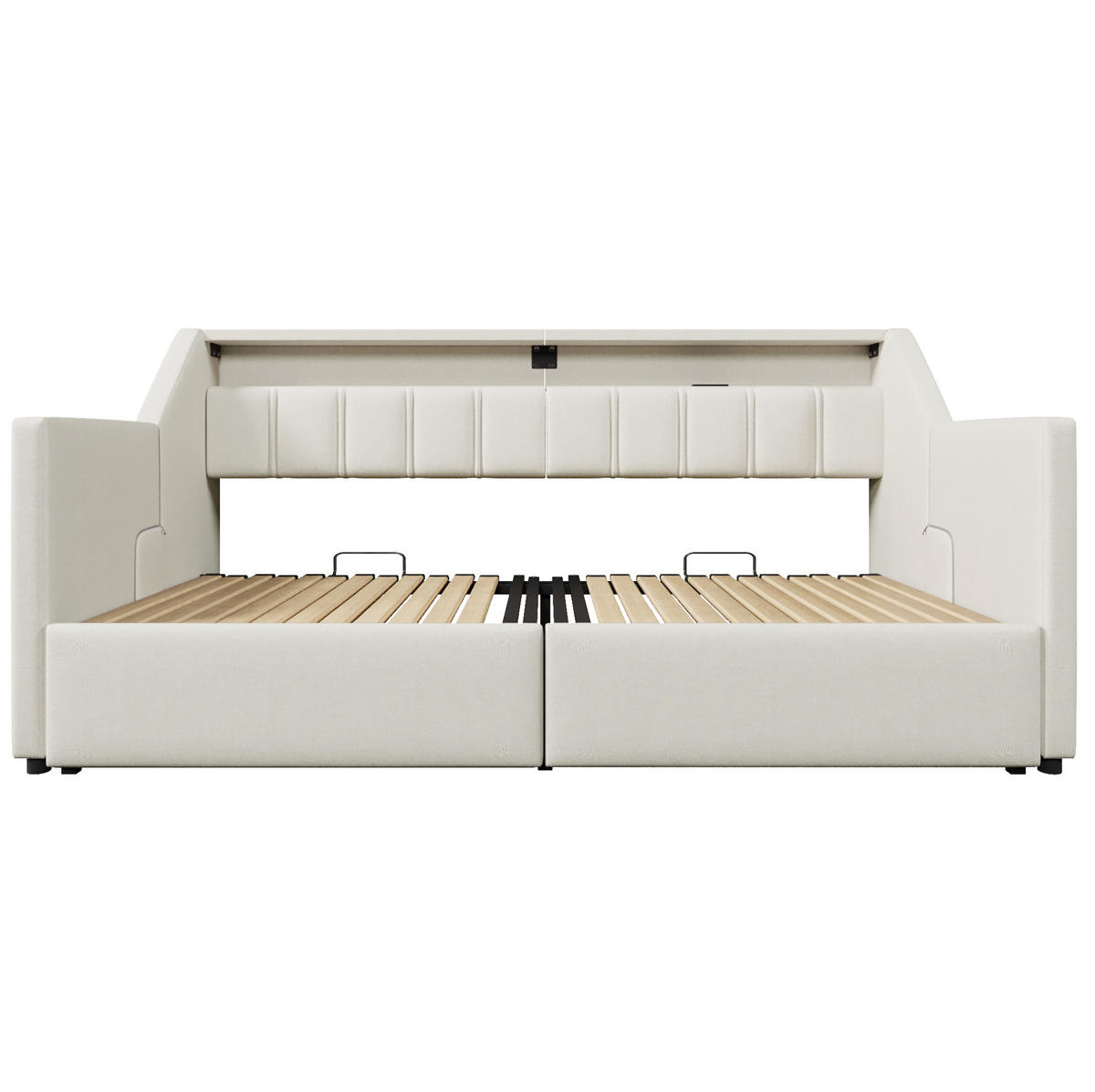 BETT 90/200 cm Beige aus Leinen mit USB, Typ-C und LED-Leiste - Beige, Textil (90/200cm) - OKMYHOME
