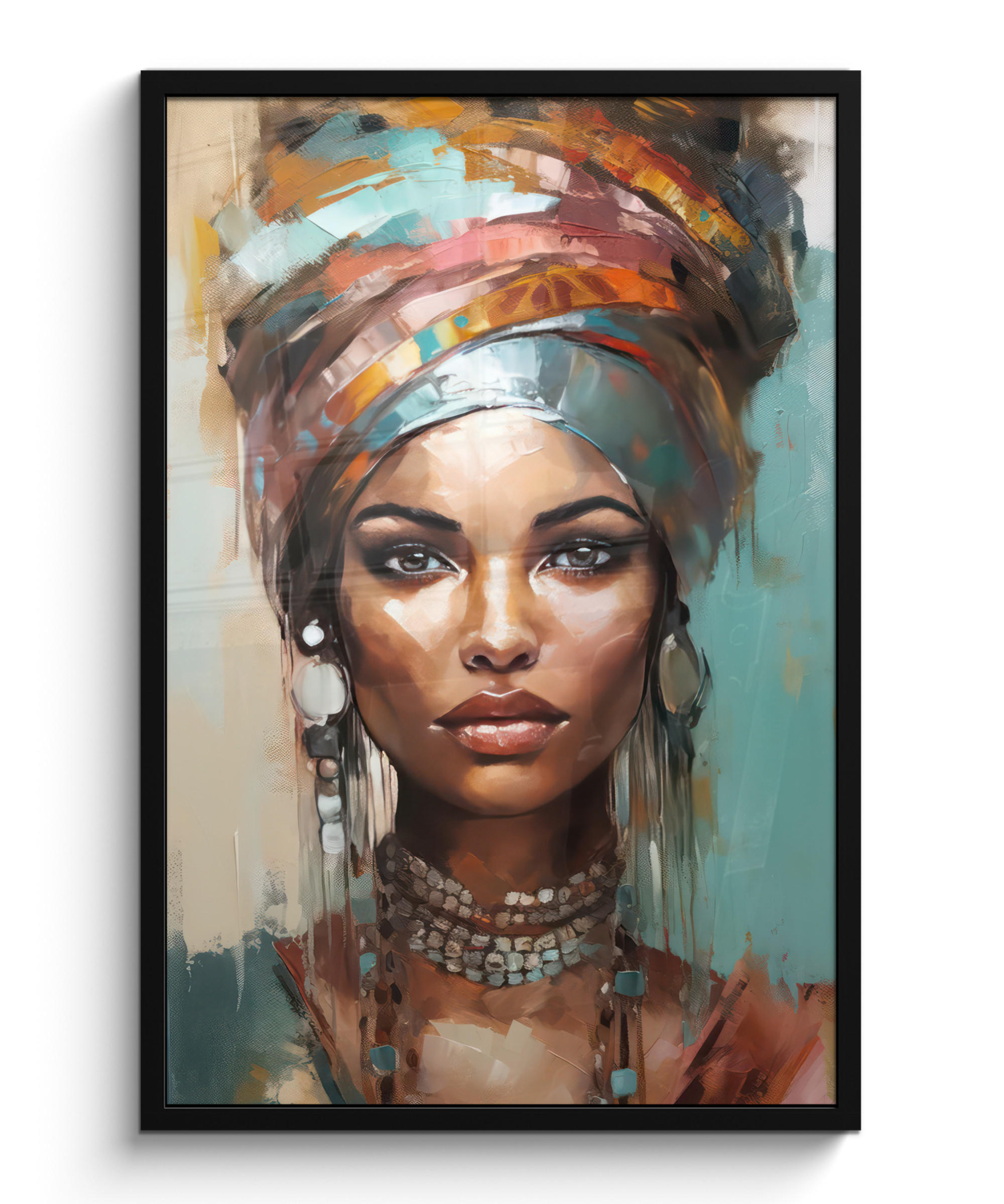 POSTER MIT RAHMENGERAHMTES BILD - Frau - Kunst - Schmuck - Porträt - 60x90 cm - Blaugrau, Papier (60/90cm) - MuchoWow