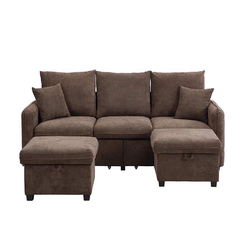 WOHNLANDSCHAFT U-Form Dreisitzer mit Staufunktion Hocker Chenille Antique Brown 220/90/85 cm - Braun, Kunststoff (188/86/186cm) - OKWISH