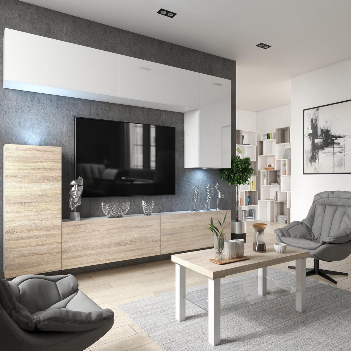 WOHNWAND Milano 8, Weiß/Sonoma Eiche, 250 cm, Grifflos - Weiß, Holz (250/115/36cm) - B BELINI GROUP