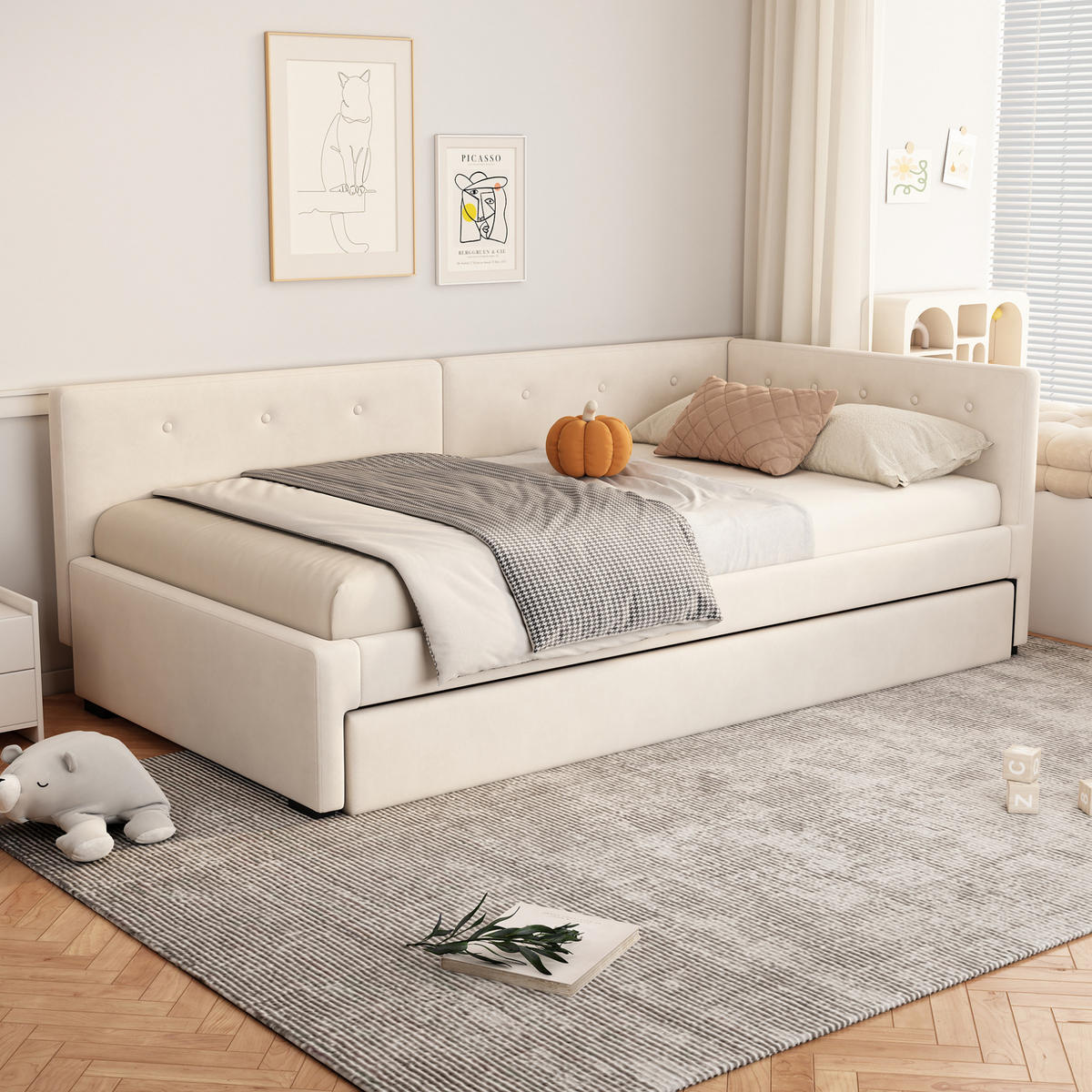 AUSZIEHBETT 90/200 cm in Beige mit Rollbett und Samtbezug - Beige, Textil (90/200cm) - Flora Grace