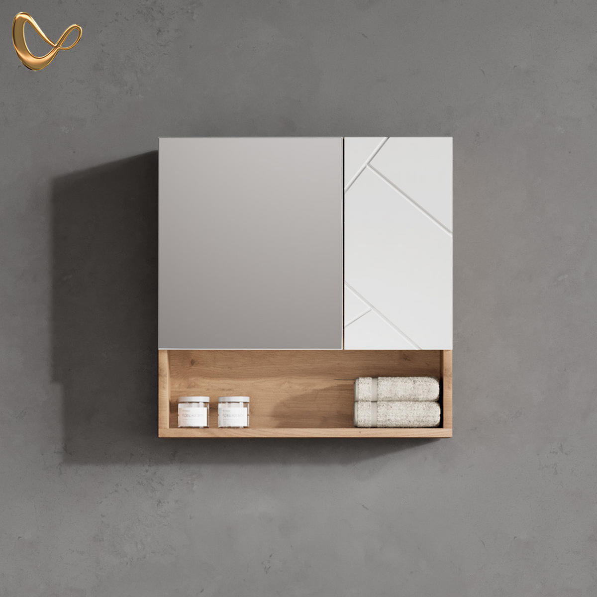 BADSPIEGELSCHRANK Ronco Weiß Hochglanz/Goldkraft Eiche 54 x 55 cm - Weiß Hochglanz/Eiche Wotan, Holzwerkstoff (54/55/16.9cm) - Livinity®
