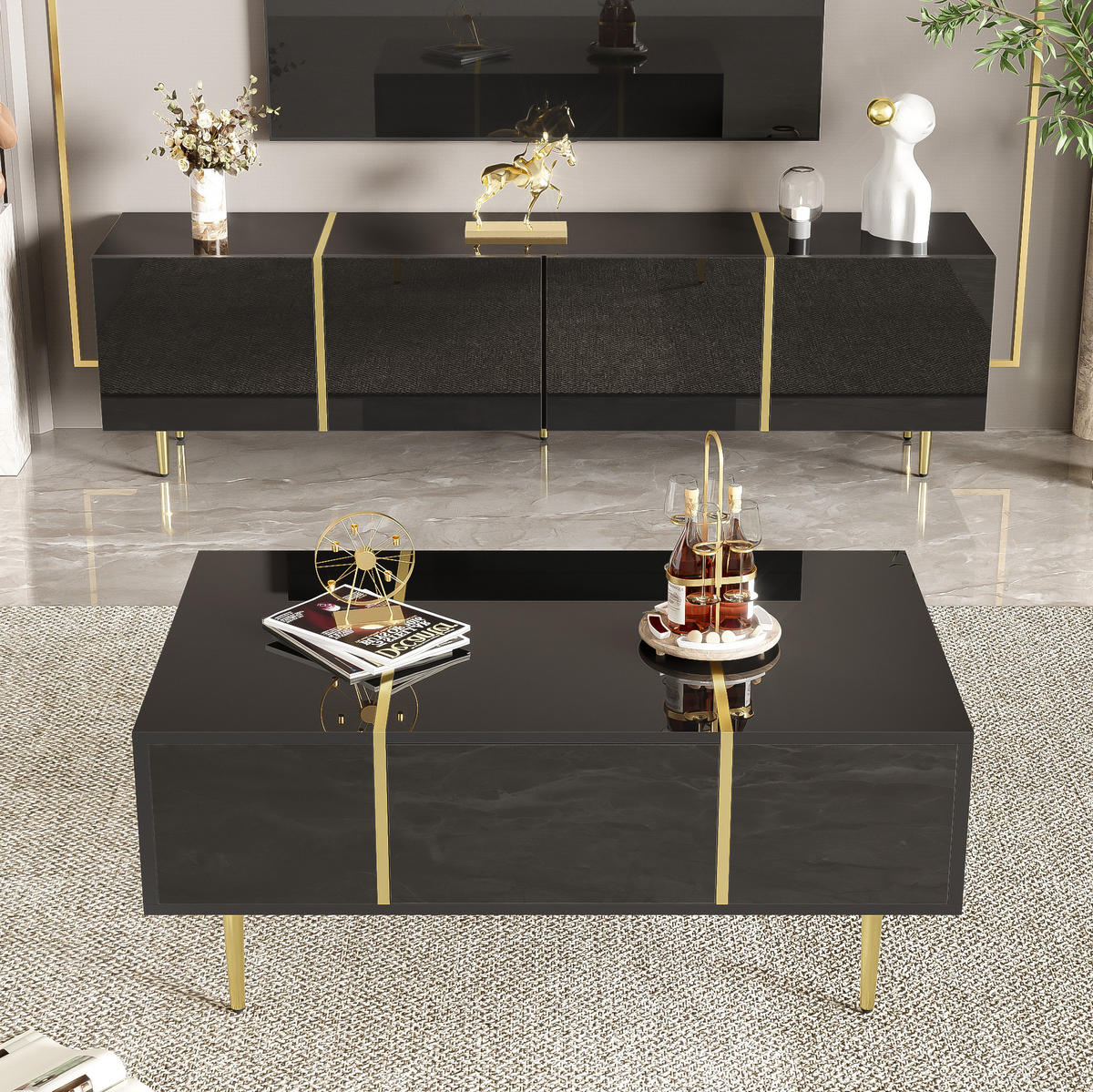 TV-SCHRANK- und Couchtisch-Set 170/35/46 cm & 100/60/41,5 cm mit Stauraum und Soft-Close-Scharnieren, Schwarz - Schwarz, Holzwerkstoff (170/46/35cm) - Redom