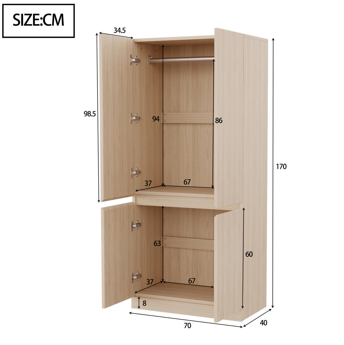 KLEIDERSCHRANK 70/170/40 cm Holzfarbe aus Holz mit Doppeltüren - Naturfarben, Holz (40/170/70cm) - OKMYHOME