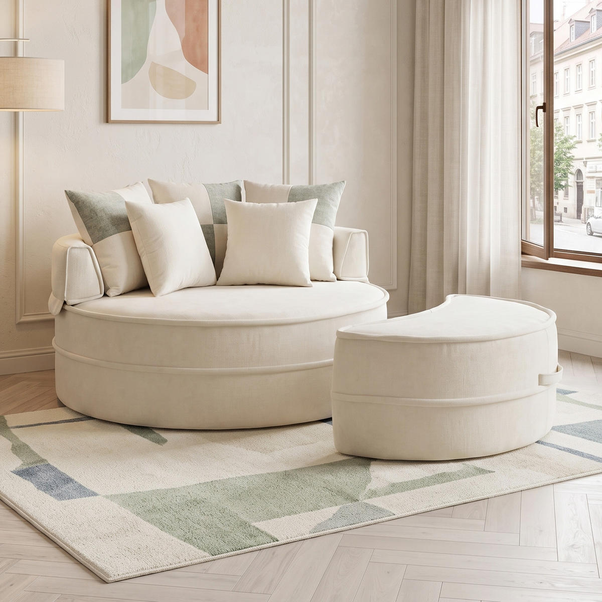 SESSEL Rundes Sofa mit Hocker & 5 Kissen Chenille Beige - Beige, Textil (163/66/121cm) - Urban Meuble