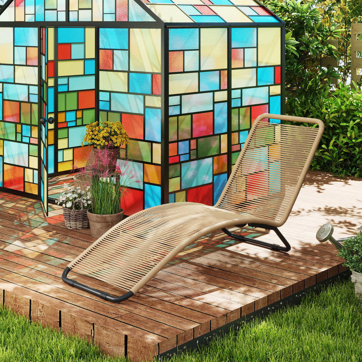 SONNENLIEGE aus Polyrattan, Gartenliege mit UV Schutz, wetterfest Liege 120 kg - Naturfarben, Metall (58/82/176cm) - Outsunny