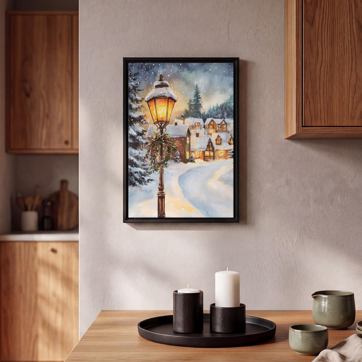 LEINWAND Bilder mit Rahmen - Weihnachtsdorf - Häuser - Schnee - Weihnachten - 20x30 - Sandfarben, Textil (20/30cm) - MuchoWow