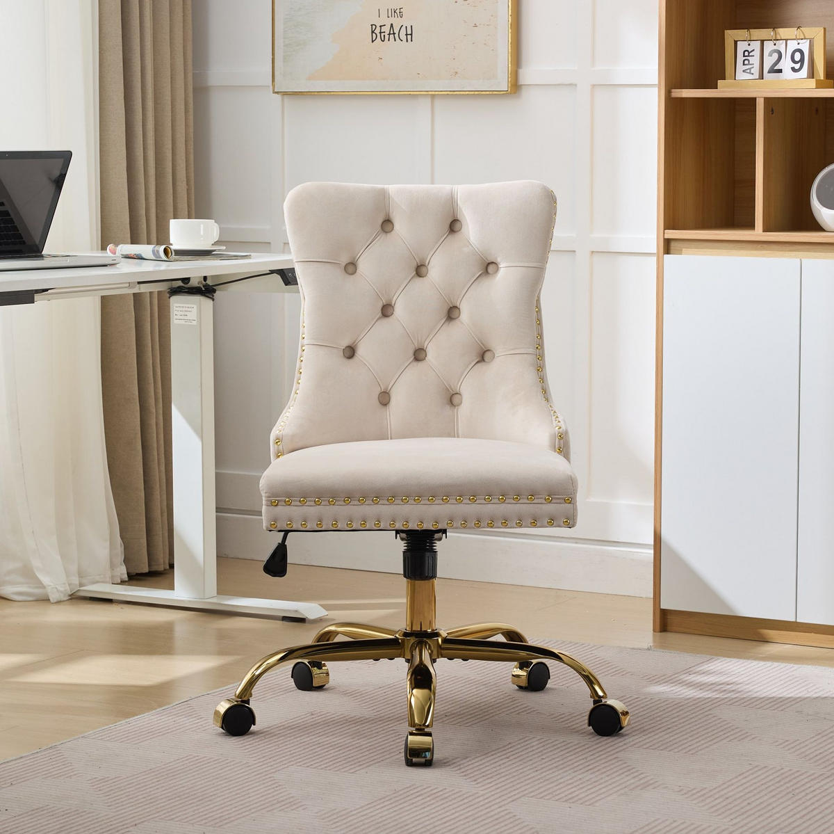 BÜROSTUHL Samt Beige mit goldfarbenem Metallgestell - Beige, Metall (50/98/63cm) - Meubliv