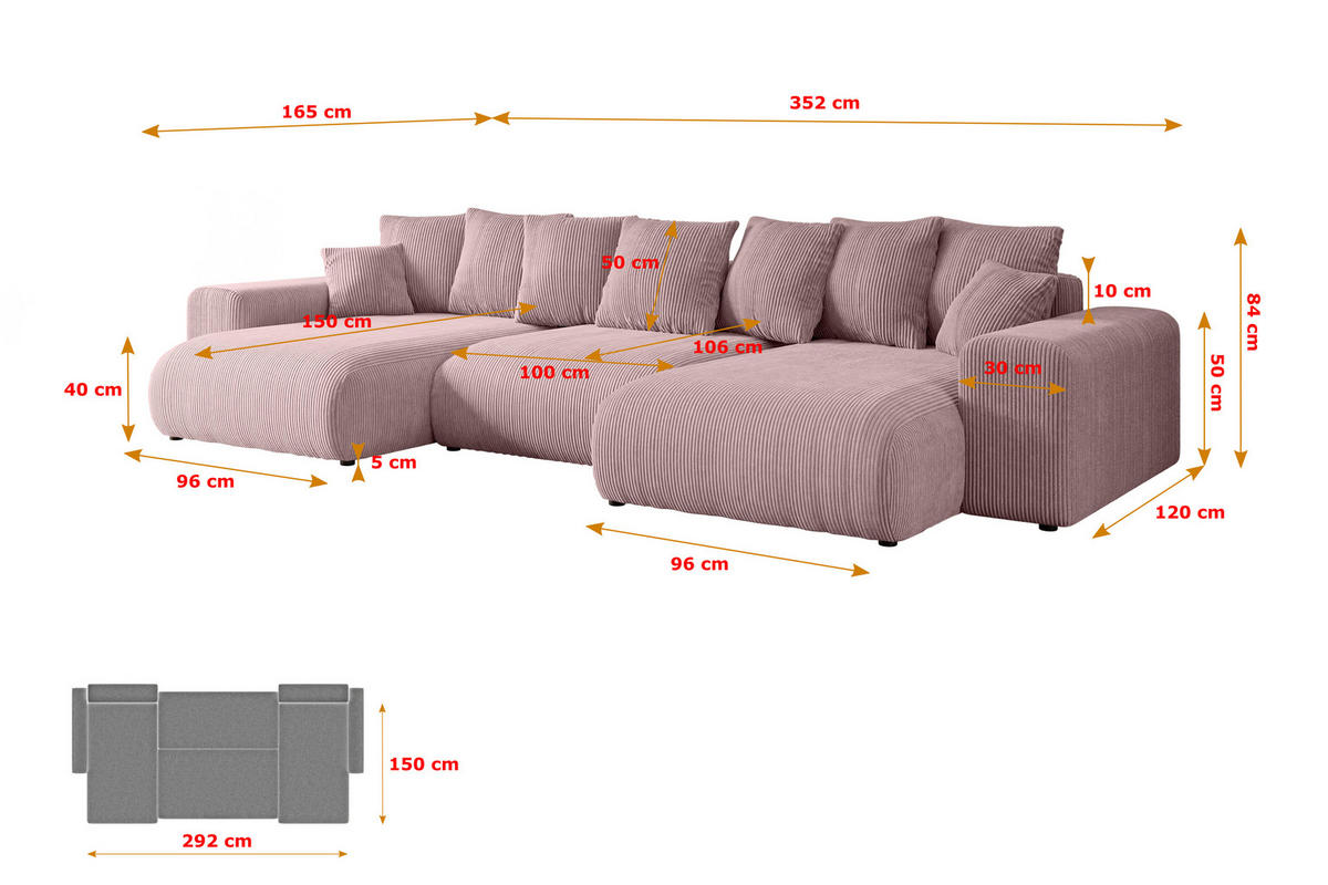 WOHNLANDSCHAFT mit Schlaffunktion und Bettkasten ESKAR-U -352x165x84cm Rosa Cord - Schwarz/Rosa, Holzwerkstoff/Kunststoff (352/84/165cm) - ALTDECOR