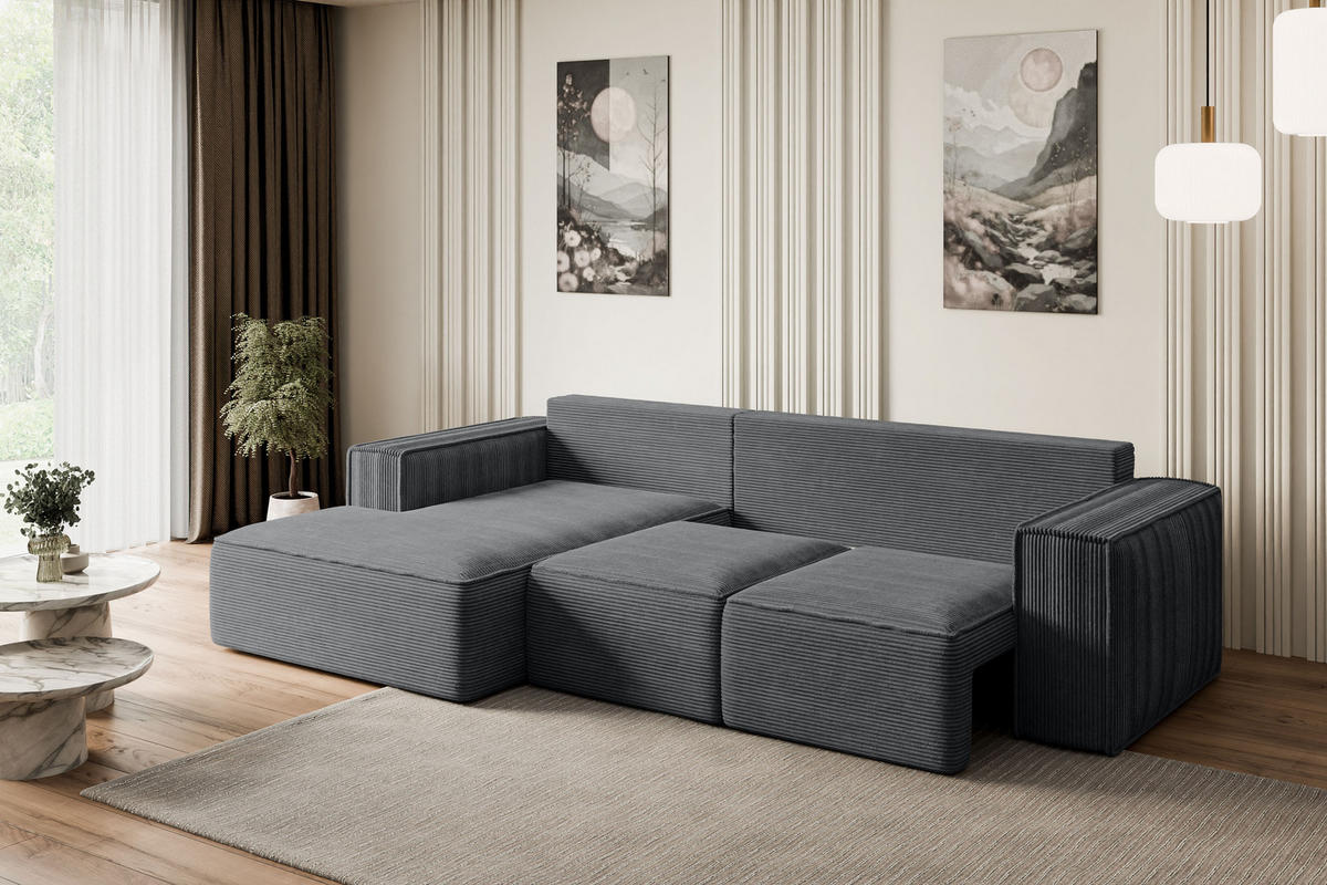 ECKSOFA mit Schlaffunktion und Bettkasten SERRA-L-S - 266x161x87 cm Duneklgrau Cord - Dunkelgrau/Schwarz, Holzwerkstoff/Kunststoff (266/161cm) - ALTDECOR