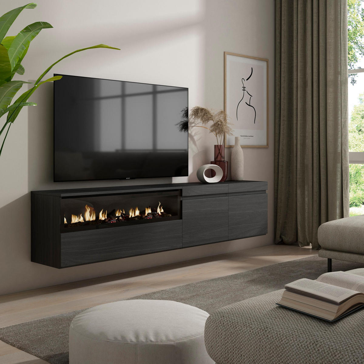 TV-SCHRANK schwarz, mit Elektrokamin, Hängend, 200/35/45cm - Schwarz, Holzwerkstoff (200/45/35cm) - Skraut Home