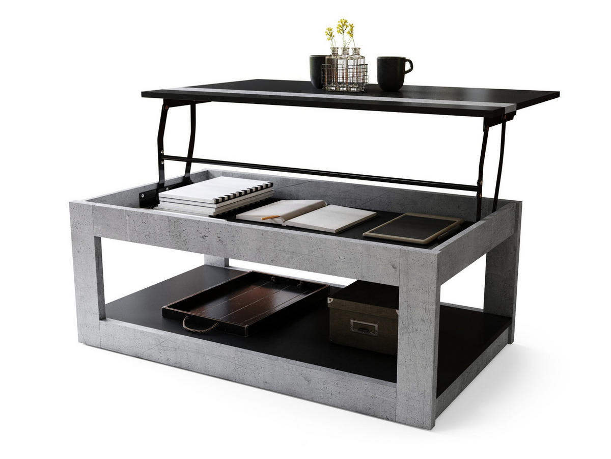 COUCHTISCH rechteckig Schwarz - Beton aufklappbar - Hellgrau/Schwarz, Holzwerkstoff (66/112/45cm) - designimpex