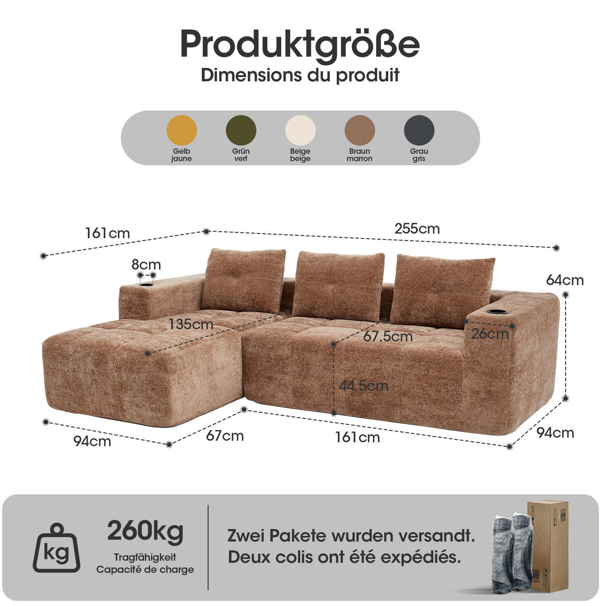 ECKSOFA 258 cm mit Becherhaltern, tiefem Sitzkomfort und Chenille-Bezug, Hellbraun - Hellbraun, Textil (258/163cm) - Redom