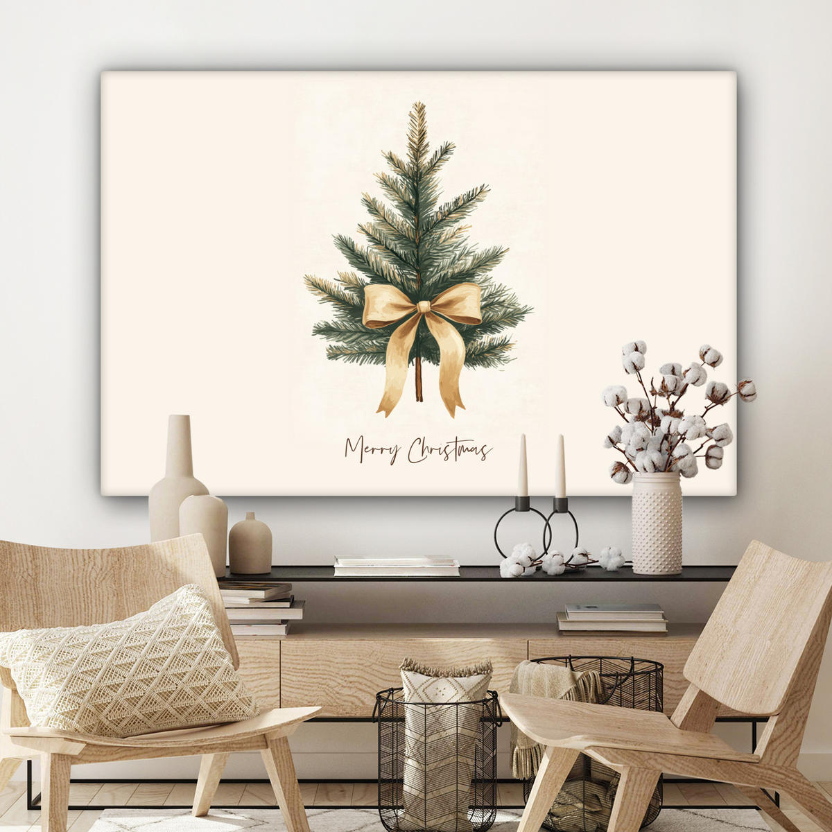 LEINWANDBILD Weihnachtsbaum - Weihnachten - Frohe Weihnachten - Beige Wohnzimmer Groß 120x80 cm - Sandfarben, Textil (120/80cm) - MuchoWow