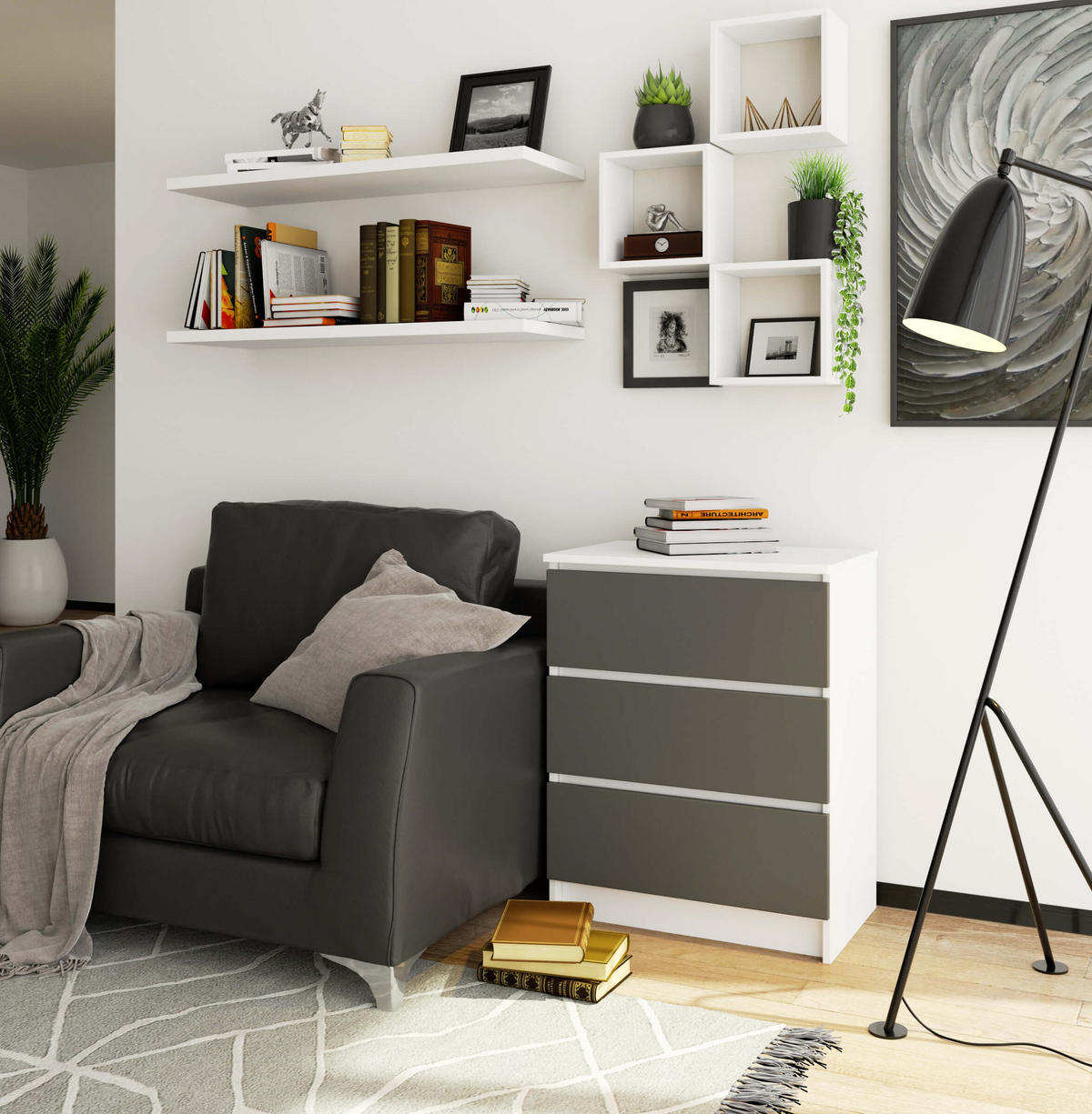 KOMMODE Weiß, Graphit Grau 77/60/40 - Weiß, Holzwerkstoff (60/77/40cm) - RAUMHIRSCH FURNITURE