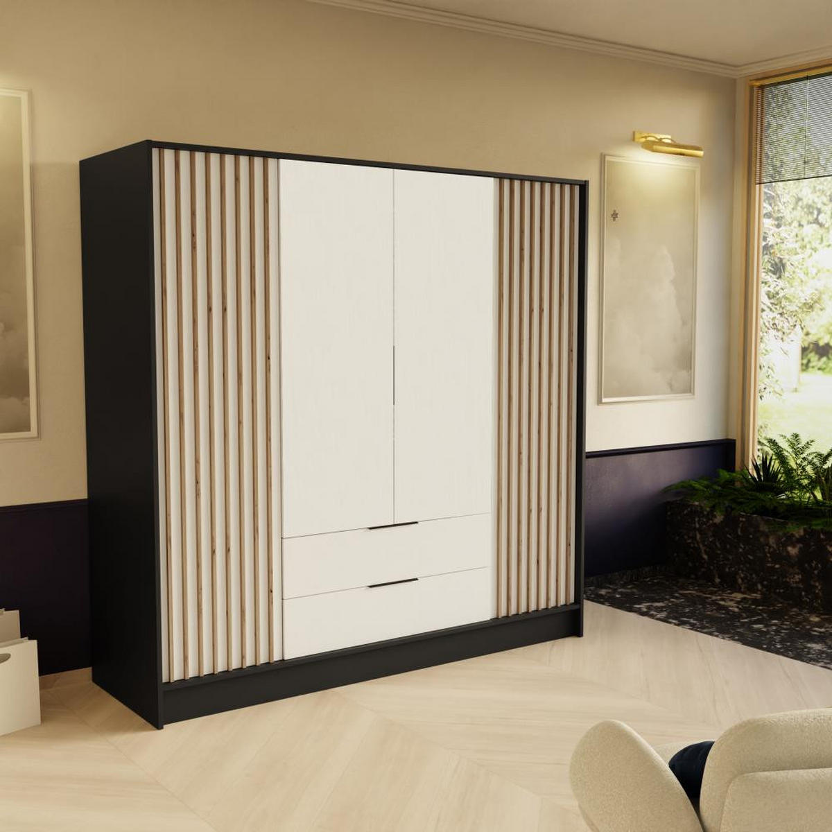 DREHTÜRENSCHRANK Nero 200/51/200 cm mit Lamellen schwarz+weiß - Schwarz/Weiß, Holzwerkstoff (200/200/51cm) - Beautysofa