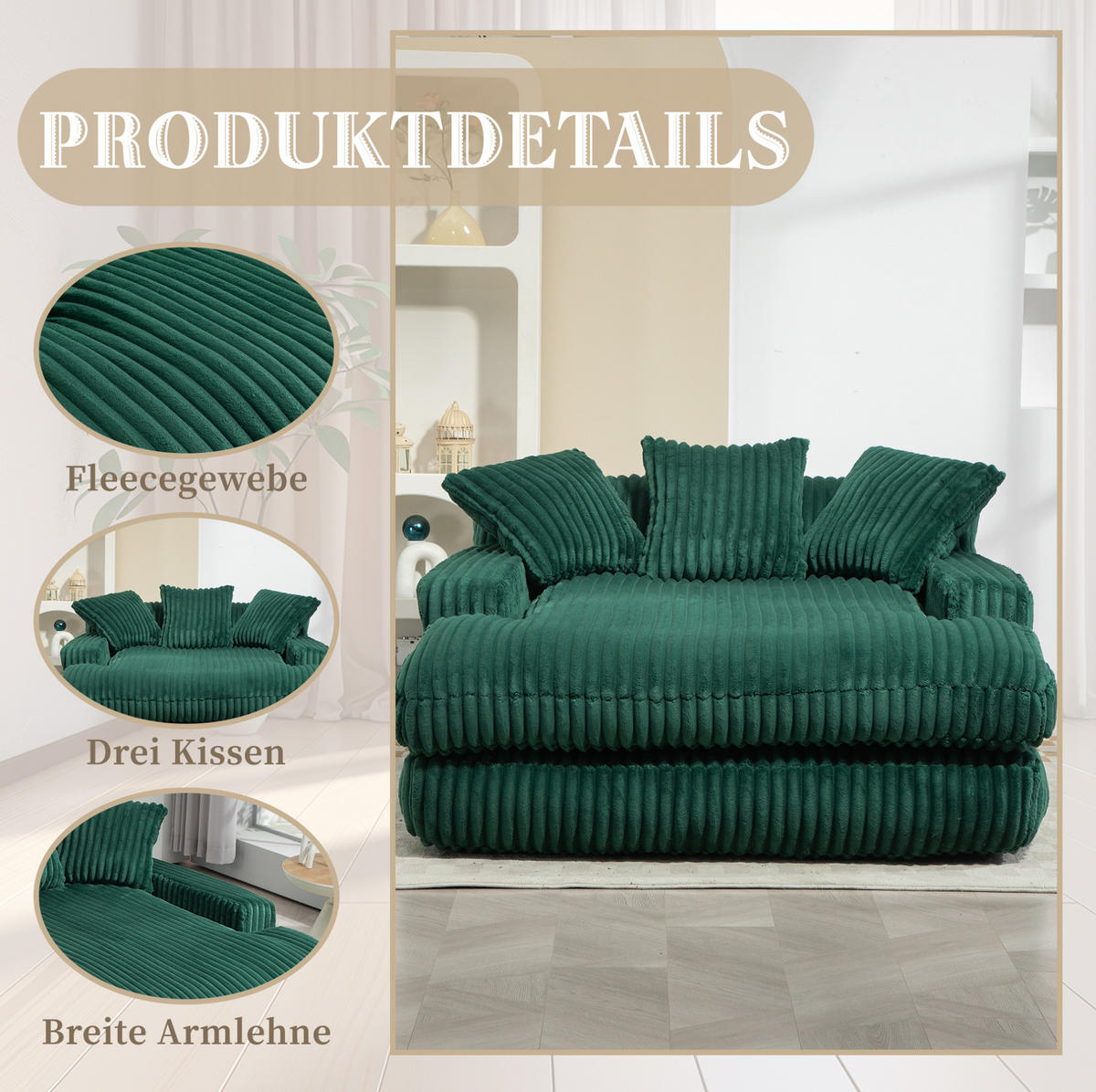 BIGSOFA 125/155/63 cm in Cord Smaragdgrün – bodennahe Chaiselongue mit 3 Kissen - Smaragdgrün, Textil (63/125/155cm) - BEAOK