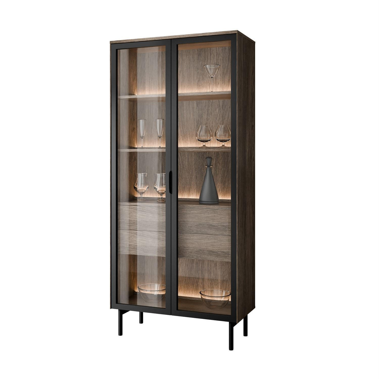 VITRINE LINEA LOFT mit LED-Beleuchtung Eiche + Schwarz - Eichefarben/Schwarz, Holzwerkstoff (82/195/39cm) - Lookway