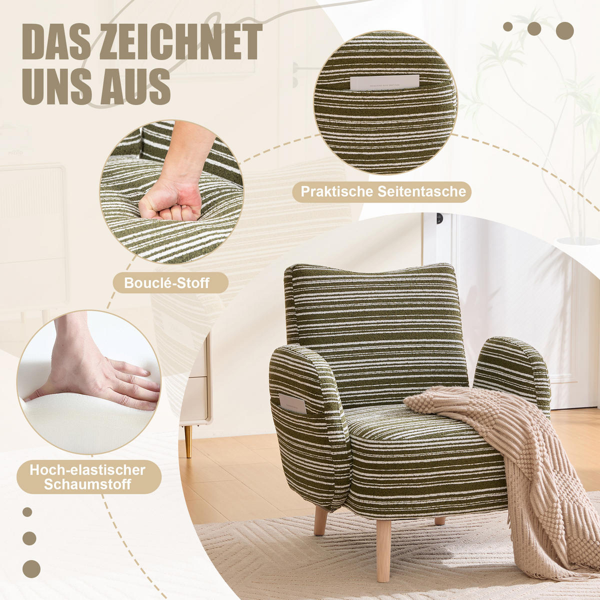 SESSEL Bouclé Olivgrün mit Seitentasche - Olivgrün, Holzwerkstoff/Textil (77/87/81cm) - WISHDOR