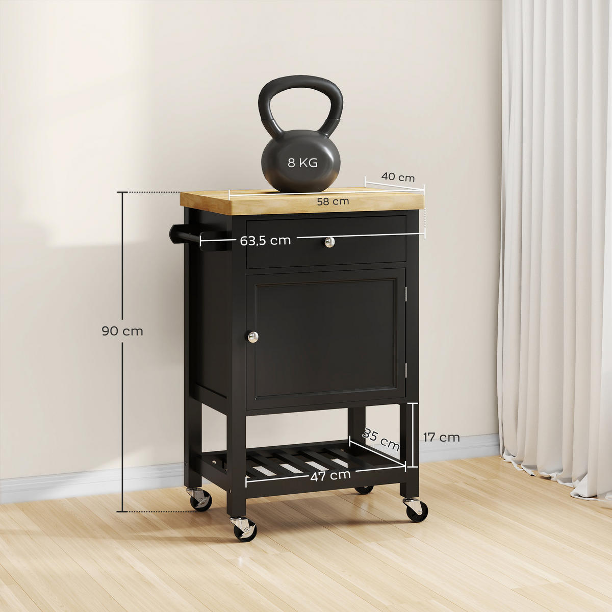 KÜCHENWAGEN DE-17143 Schublade & Schrank mit Handtuchhalter Schwarz - Schwarz, Holzwerkstoff (40/90/63.5cm) - ComfortXL