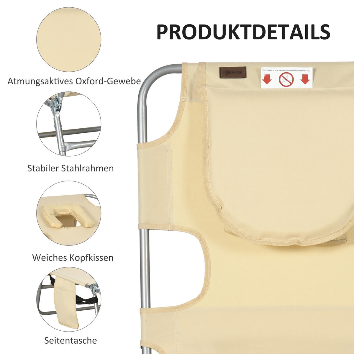 SONNENLIEGE mit Gesichtsöffnung Beige 185/55/81 cm - Beige, Textil/Metall (55/29/185cm) - Outsunny